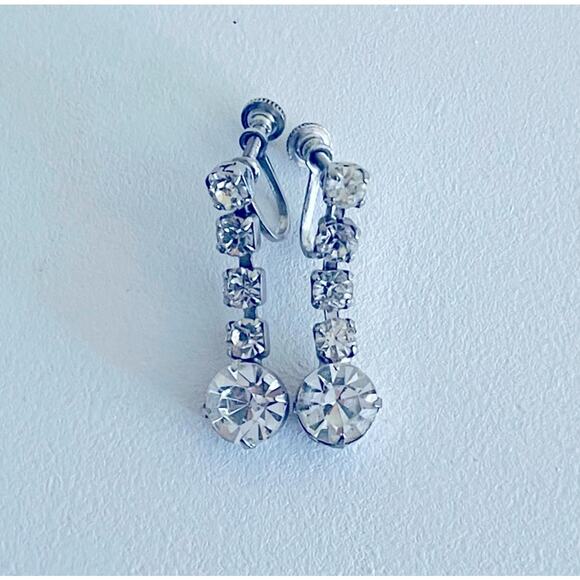 Vtg MCM Rhinestone Drop Dangling Screw-back Earrings, Bride Prom Formal Special - Picture 4 of 8